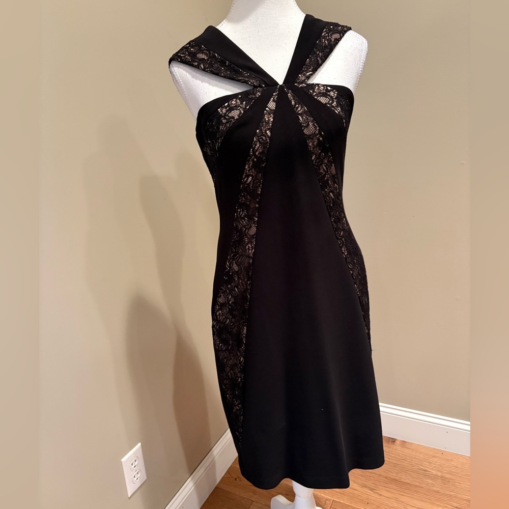 Adrianna Papell Cocktail Midi Dress Black Lace Women's Dress Sleeveless Sz 6